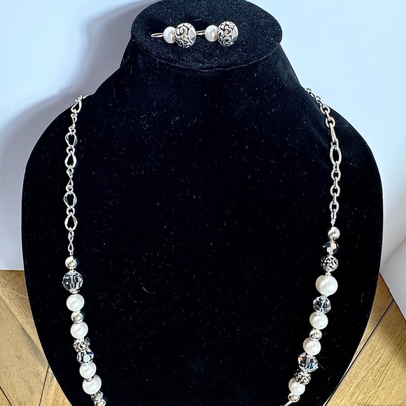 Brighton Pearl Crystal Bead Necklace Earrings Set Silver Tone, Elegant Statement - Picture 2 of 8